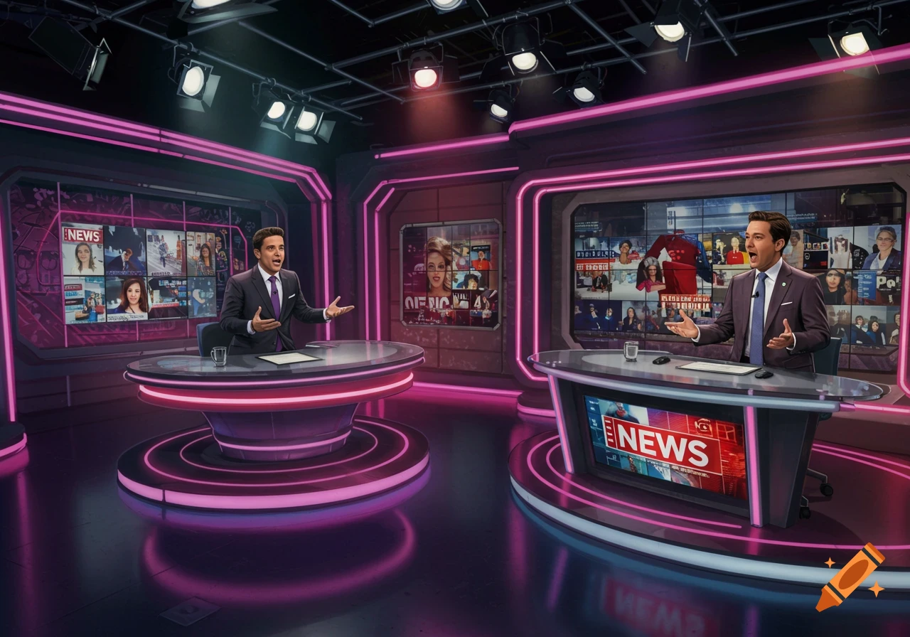 Two news anchors in a modern, neon-lit news studio with multiple screens displaying news content.