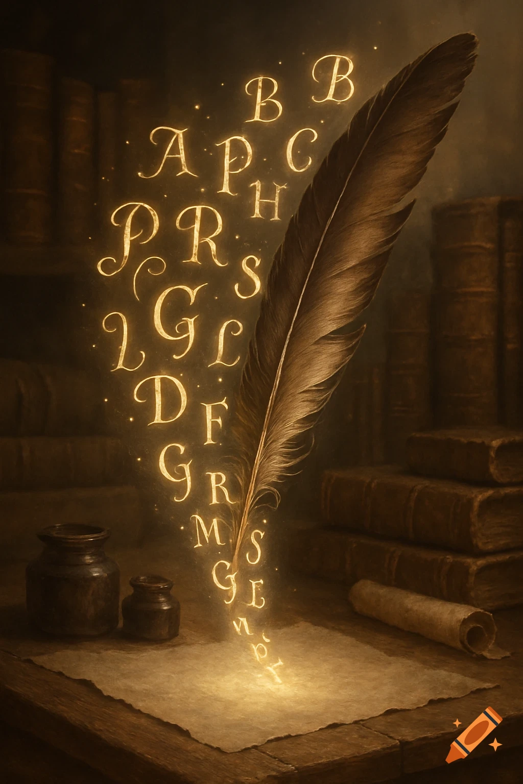 Magical quill writes glowing golden letters onto parchment on a wooden desk with inkwells and old books.