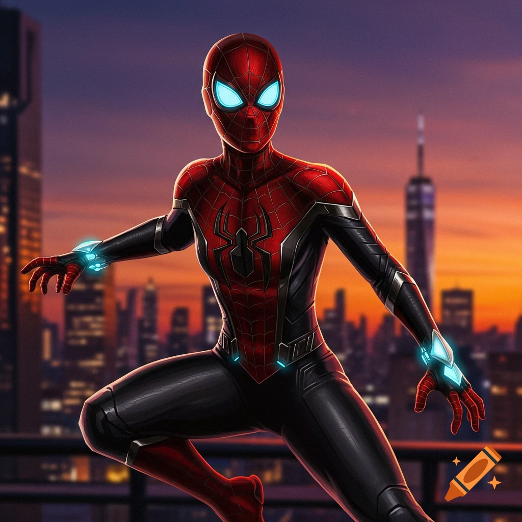 Illustrated Spider-Woman in a red and black suit crouches on a rooftop with a glowing city skyline at sunset.