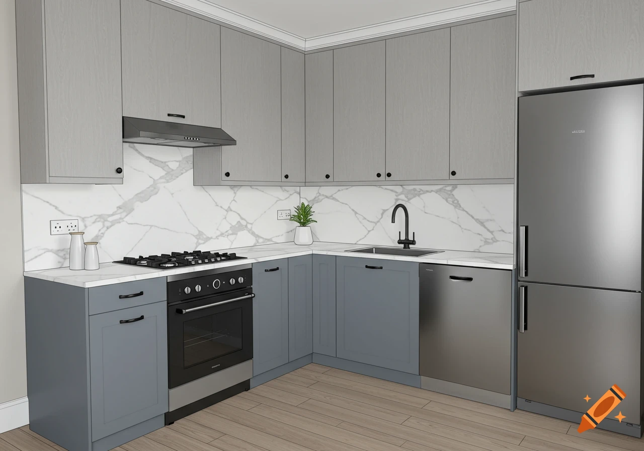 An elegant L-shaped kitchen with light gray wood grain upper cabinets, contrasting solid gray base cabinets, a white Carrara marble countertop and backsplash. It features black stainless steel appliances including a gas stove, oven, dishwasher, and refrigerator, with black hardware, in a photorealistic rendering style.