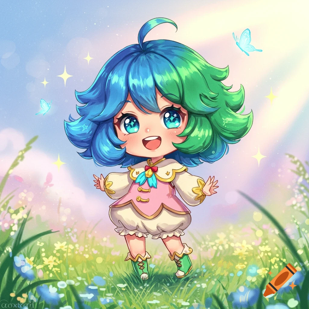 A cute chibi character with blue and green hair, big blue eyes, and a pink dress stands smiling in a vibrant field of colorful flowers under a bright, sunny sky with butterflies and sparkles.