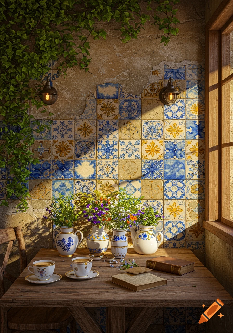 A rustic cafe wall adorned with blue and yellow patterned tiles and climbing ivy. On a wooden table, two teacups, several vases of colorful wildflowers, and old books are bathed in warm sunlight from a window.