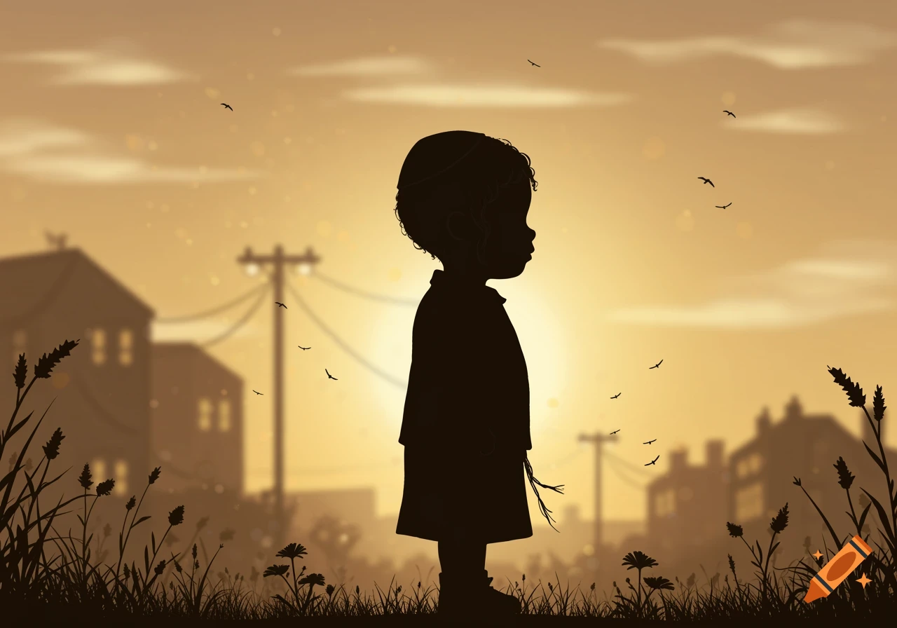 Silhouette of a young child standing in tall grass against a golden sunset sky with distant houses and birds.