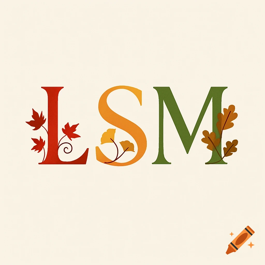 Logo with letters 'LSM' in red, orange, and green, decorated with autumn leaves, on a pale cream background.