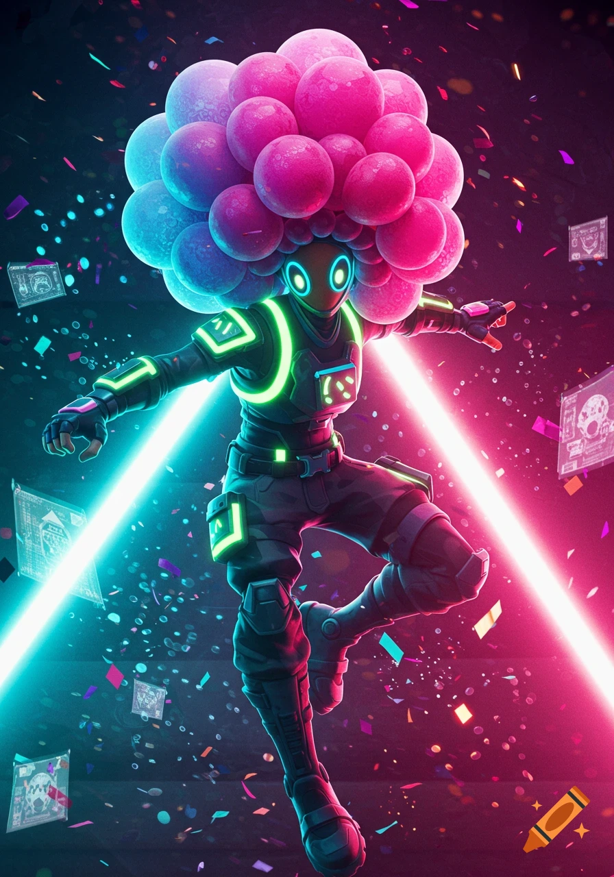 A stylized character in a futuristic neon green glowing suit, with a pink and blue bubble-like afro, in a dynamic pose amid confetti and laser beams.