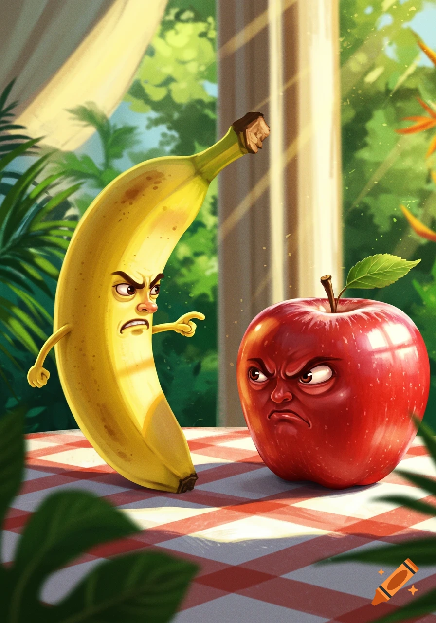 A cartoon banana with an angry human face and arms points at an equally angry red apple, on a checkered tablecloth in a lush garden.