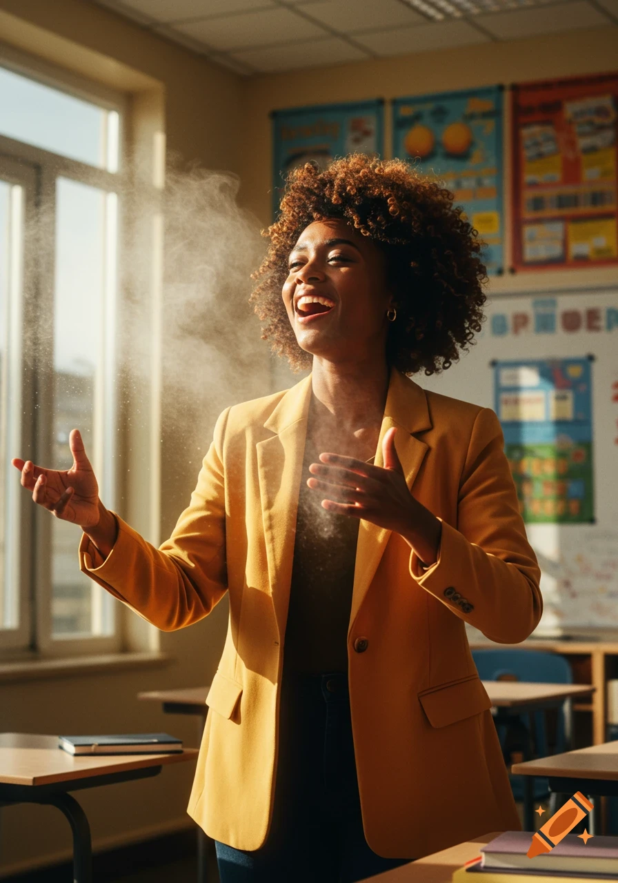 A smiling teacher with curly hair in a yellow blazer stands in a sunlit classroom with dust particles visible in the light.