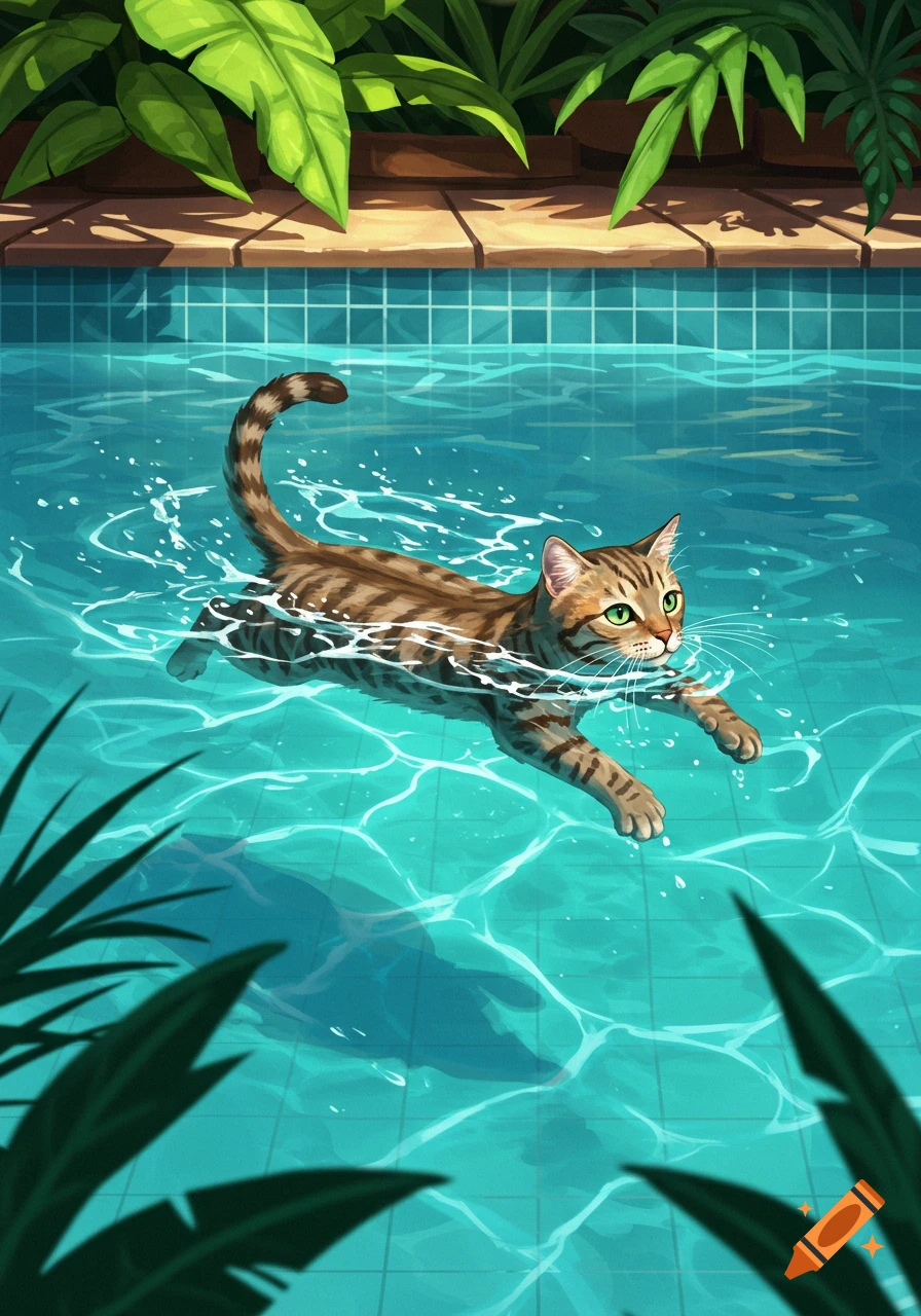 An illustrative image of a tabby cat swimming in a blue tiled pool with green plants around it.
