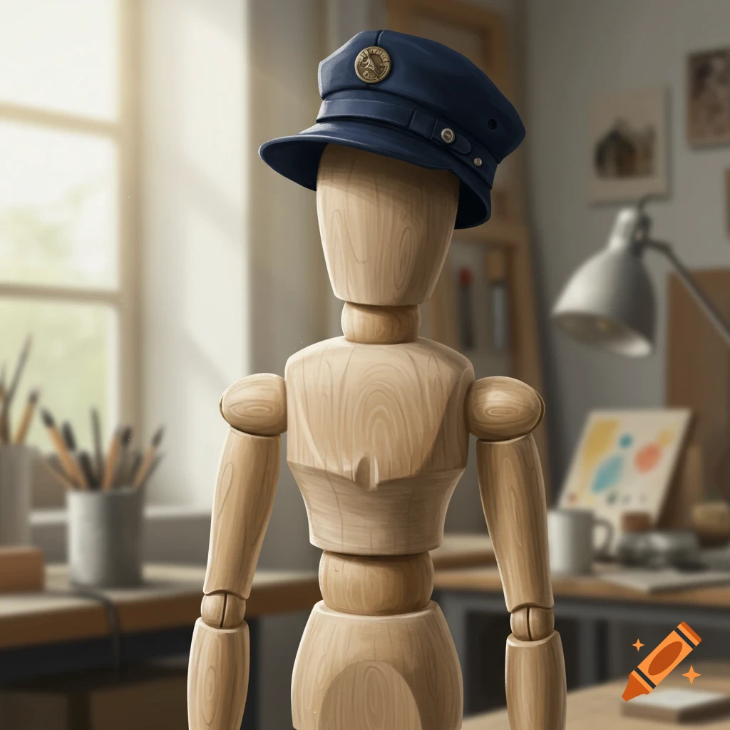 A wooden mannequin wearing a dark blue mechanic's cap in a sunlit art studio.