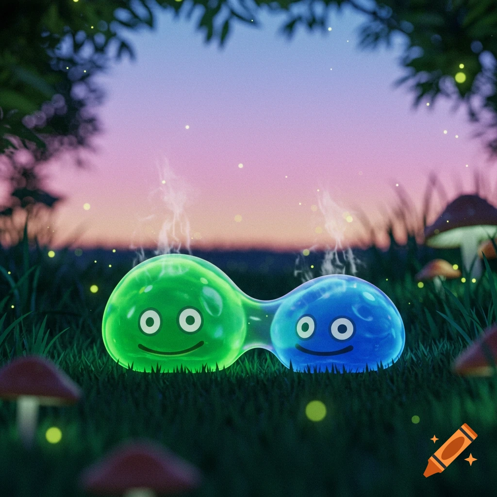 Two glowing green and blue slimes fusing in a magical forest at dusk with fireflies and mushrooms.
