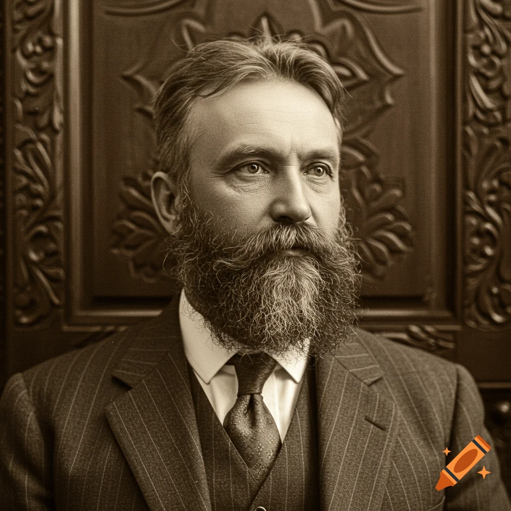 Sepia-toned portrait of a bearded man in a pinstripe suit, looking to the side against an ornate wooden background.