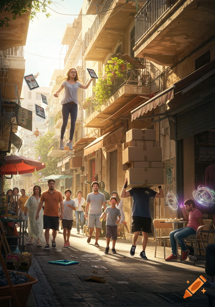 A woman floats above a crowded, sunlit city street, surrounded by floating tablets, as other people exhibit various superpowers.