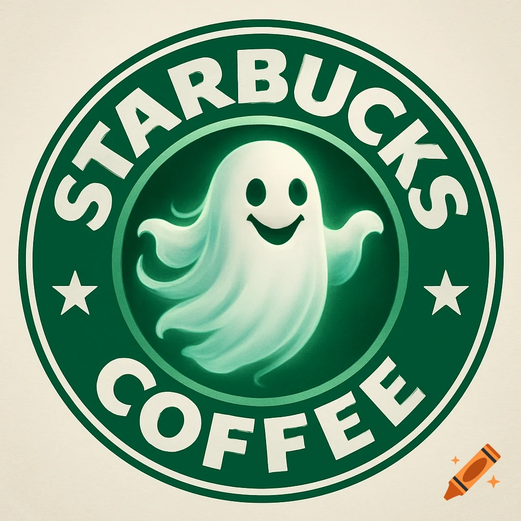 A Starbucks coffee logo featuring a friendly white ghost with a smile and big eyes in the center, replacing the siren.