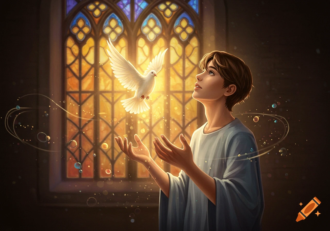 A young person with uplifted hands gazes at a glowing white dove in a church with vibrant stained-glass windows, digital painting style.