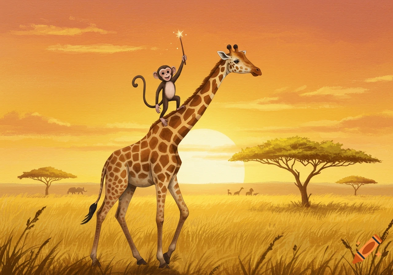 A cute cartoon monkey rides on the back of a giraffe in a golden savanna at sunset, holding a sparkling magic wand.