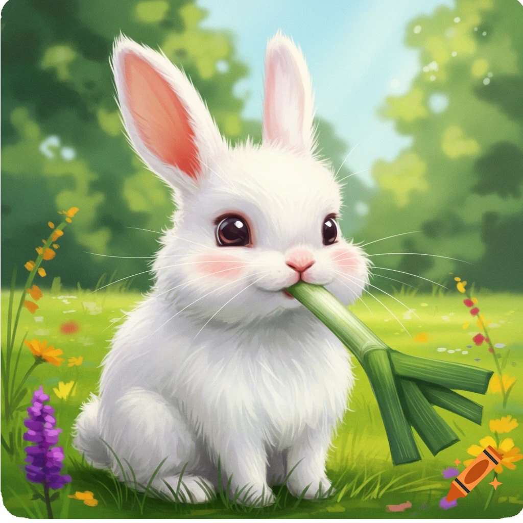 Cute white bunny sitting in a sunny green field, munching on a large green leek. Cartoon illustration.