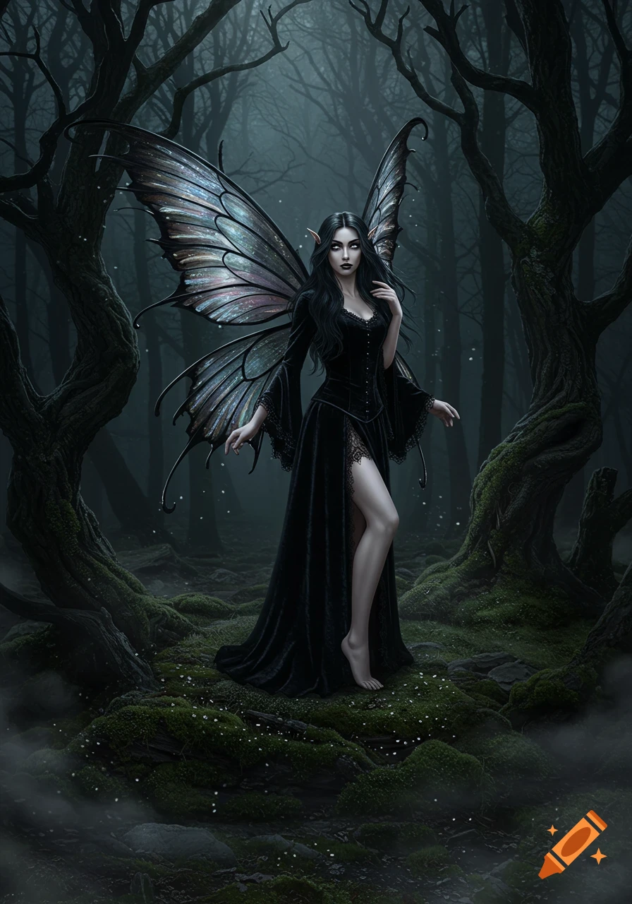 A gothic fairy with long dark hair, iridescent wings, and a black lace dress stands in a dark, misty forest.