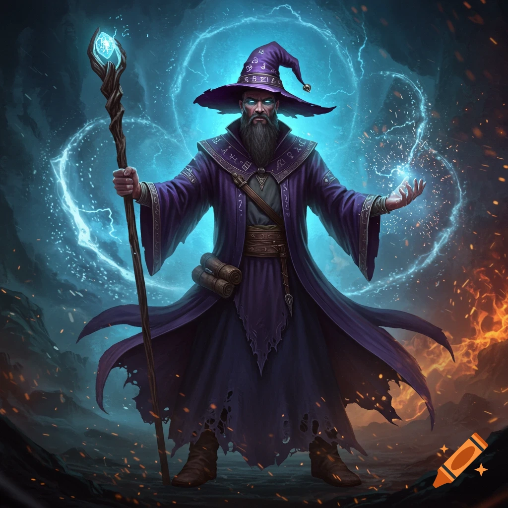 A bearded sorcerer in a purple hat and robes casts blue magic with a staff, against a dynamic background of blue energy and orange fire.