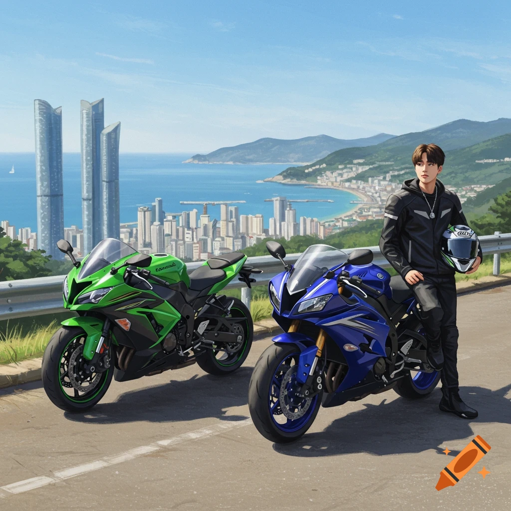 Young man in motorcycle gear holding a helmet, standing next to a blue and a green sportbike on a hill overlooking a coastal city.