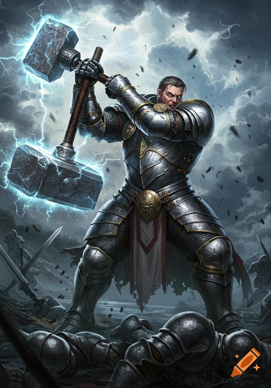 A heavily armored paladin wielding a large, lightning-charged hammer on a battlefield with fallen foes under a stormy sky.