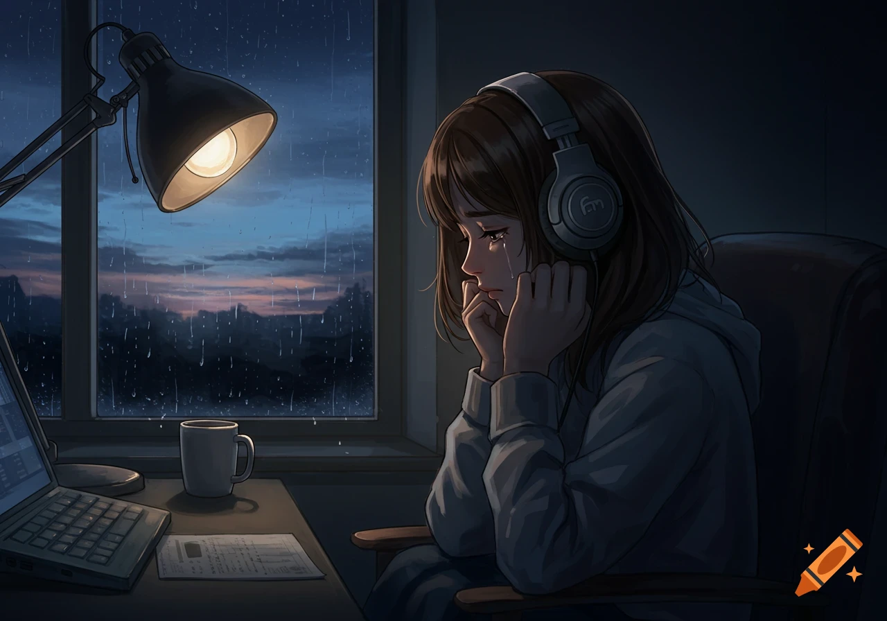 Anime girl wearing headphones, crying at a desk by a window during a rainy evening, lit by a desk lamp.