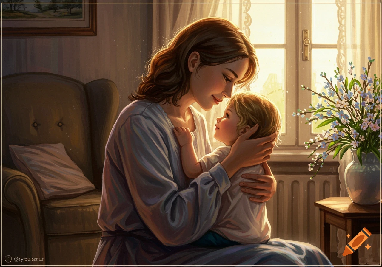 Illustrated mother tenderly holding her child, bathed in warm sunlight from a window, in a cozy indoor setting.