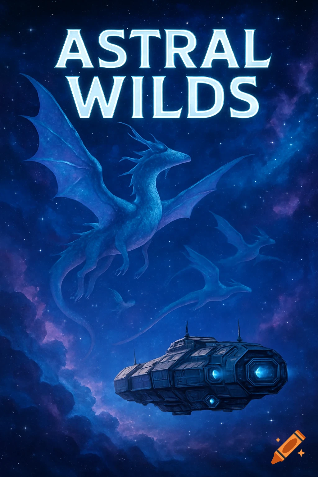 The title "ASTRAL WILDS" above a blue space scene with multiple flying dragons and a spaceship, designed as a game cover.