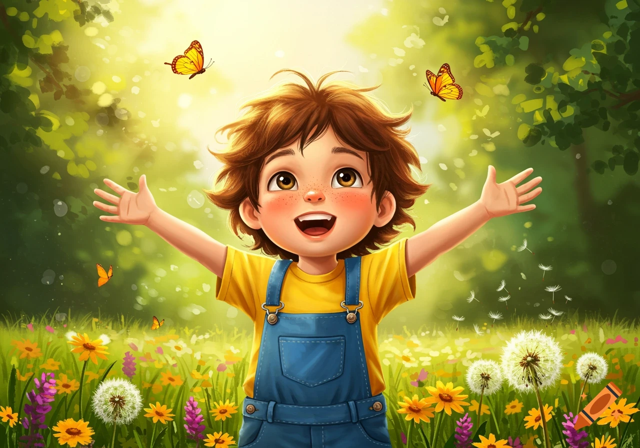 Happy cartoon child with outstretched arms in a vibrant field of flowers with butterflies.