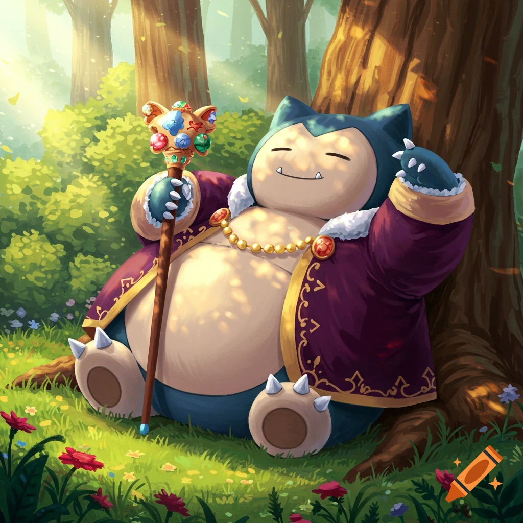 Snorlax, wearing a purple and gold regal robe and a beaded necklace, leans against a tree in a sunny forest, holding a jeweled staff.