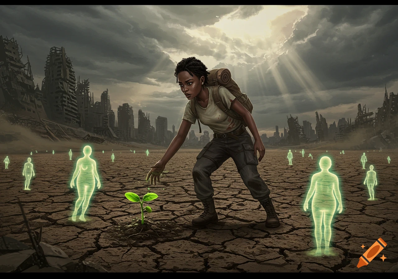Dystopian art of a Black woman reaching for a seedling on cracked earth, with glowing figures and ruined city under a stormy sky.