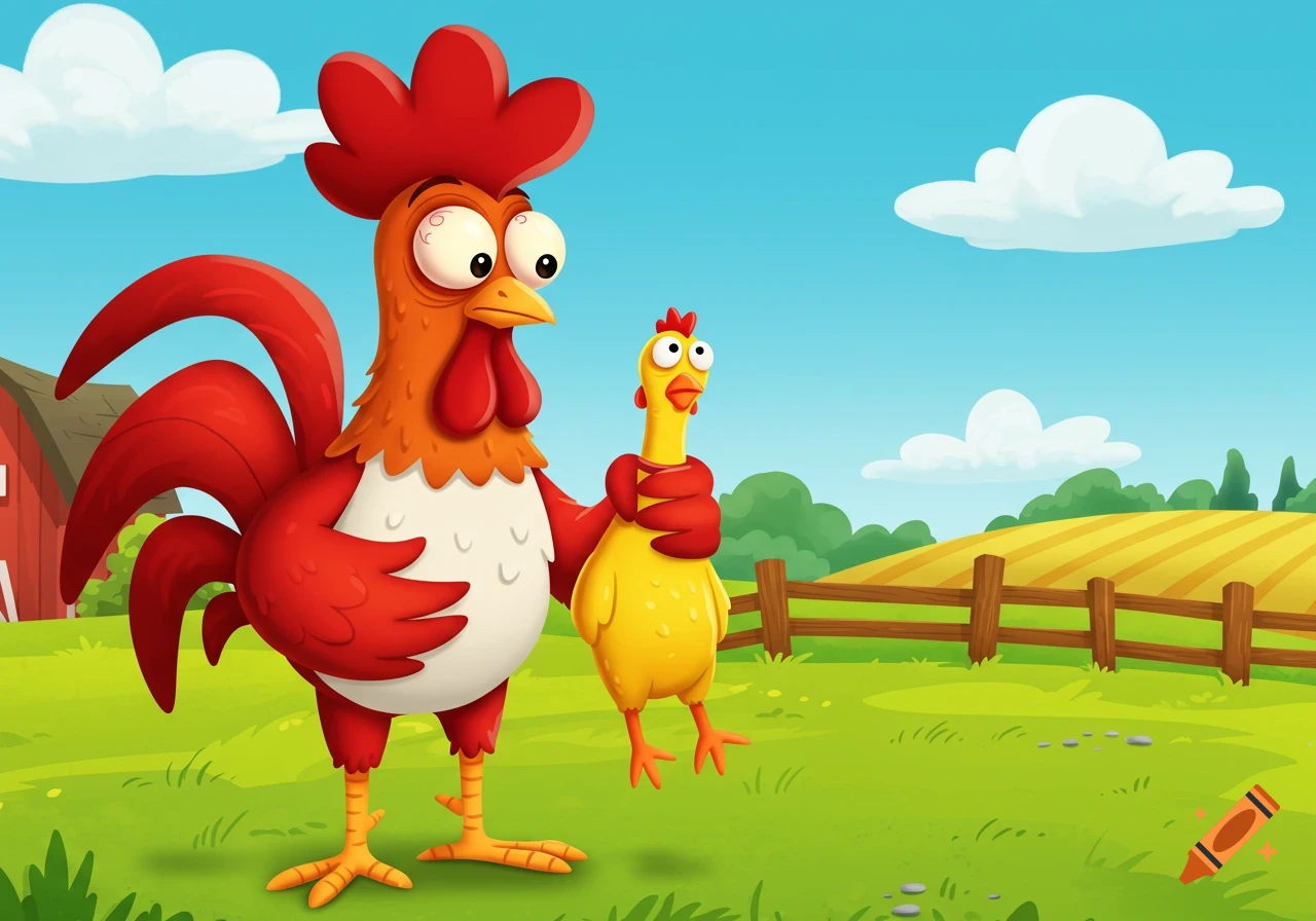 A goofy cartoon rooster holds a yellow rubber chicken by the neck in a sunny farm field.