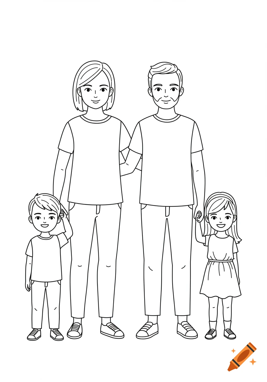 Black and white line art drawing of a family of four, including a mom, dad, boy, and girl, standing side by side and holding hands.