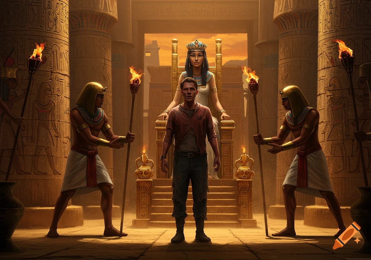 A man stands before an Egyptian princess on a throne, flanked by torch-bearing guards in an ancient temple.