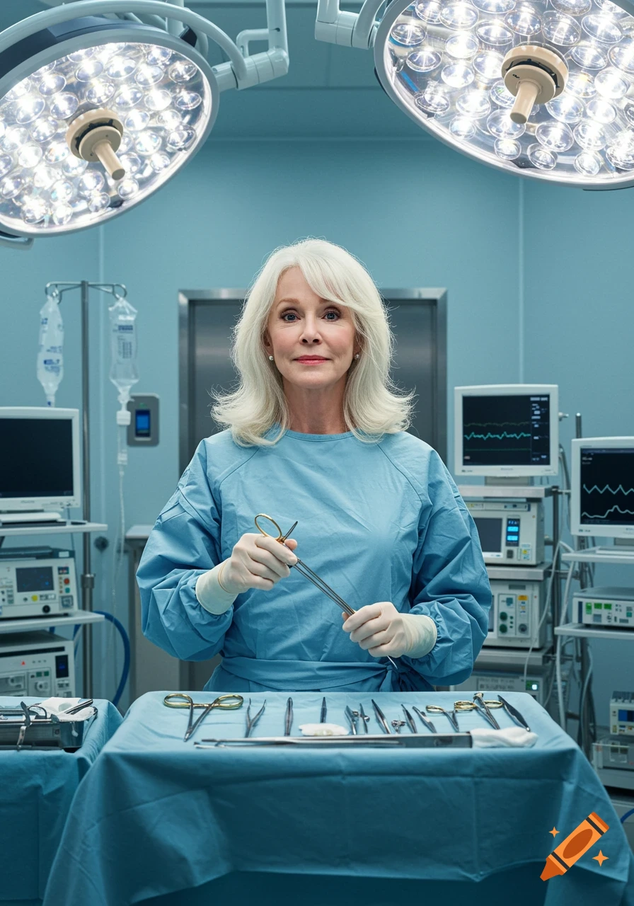 A female surgeon with white hair holds a surgical instrument in a bright operating room filled with medical equipment.