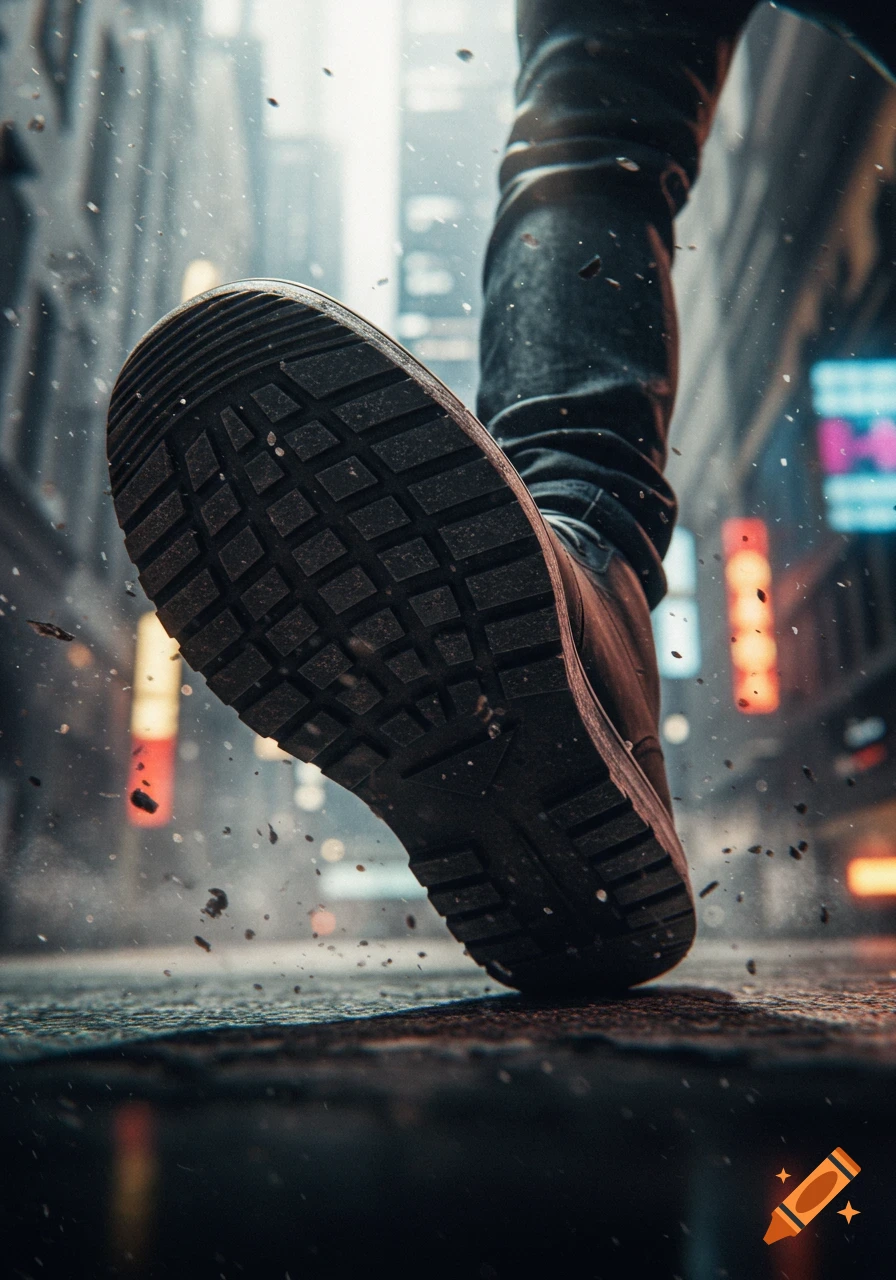 Close-up of a shoe sole about to step on a dirty urban street, with dust and debris flying. City lights blur in the background.