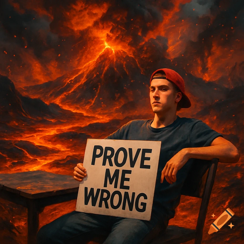 Young man in a red cap sits holding a 'PROVE ME WRONG' sign in front of an erupting volcano and lava flows.