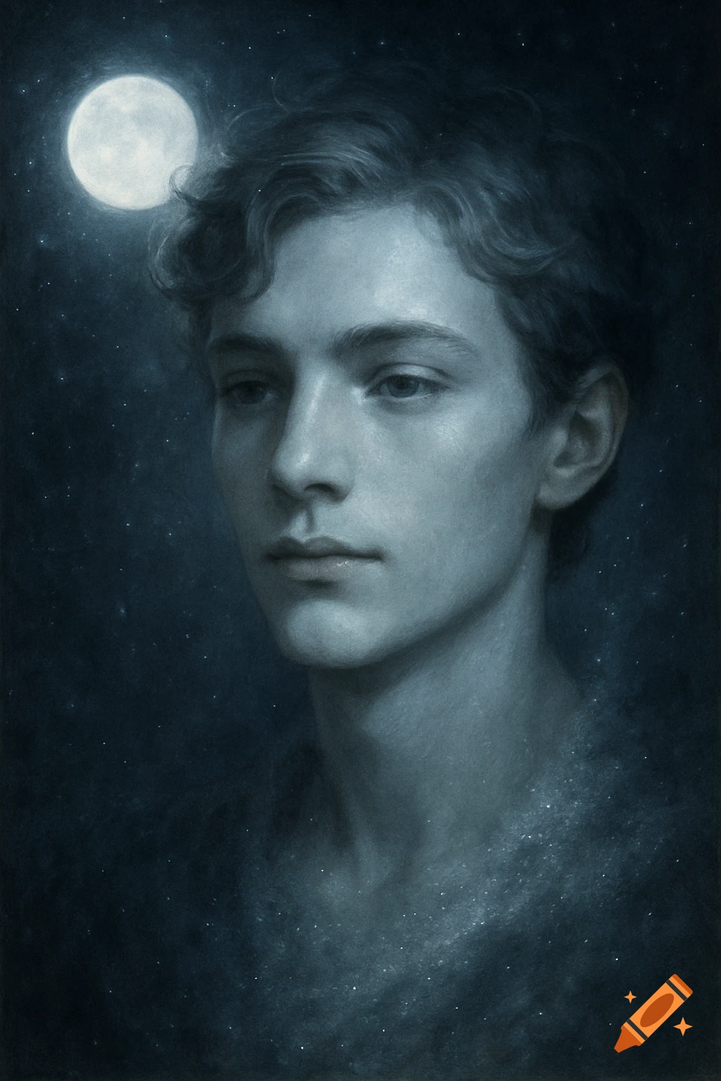 Ethereal portrait of a young person with curly hair, looking down, under a full moon and starry night sky.