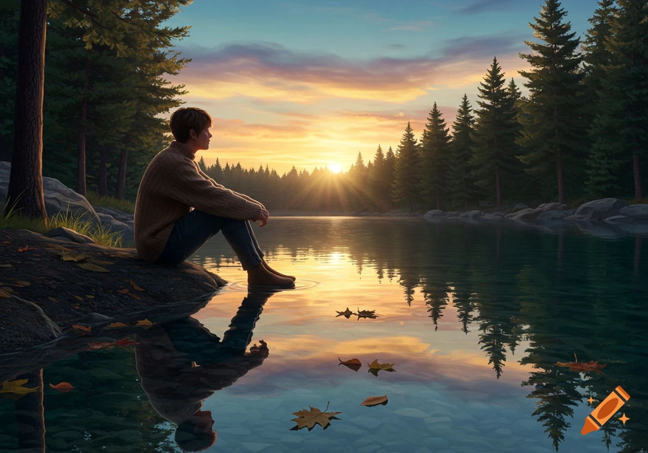 A person sits on a rock by a calm lake, watching a vibrant sunset over a forest of pine trees, with reflections in the water.