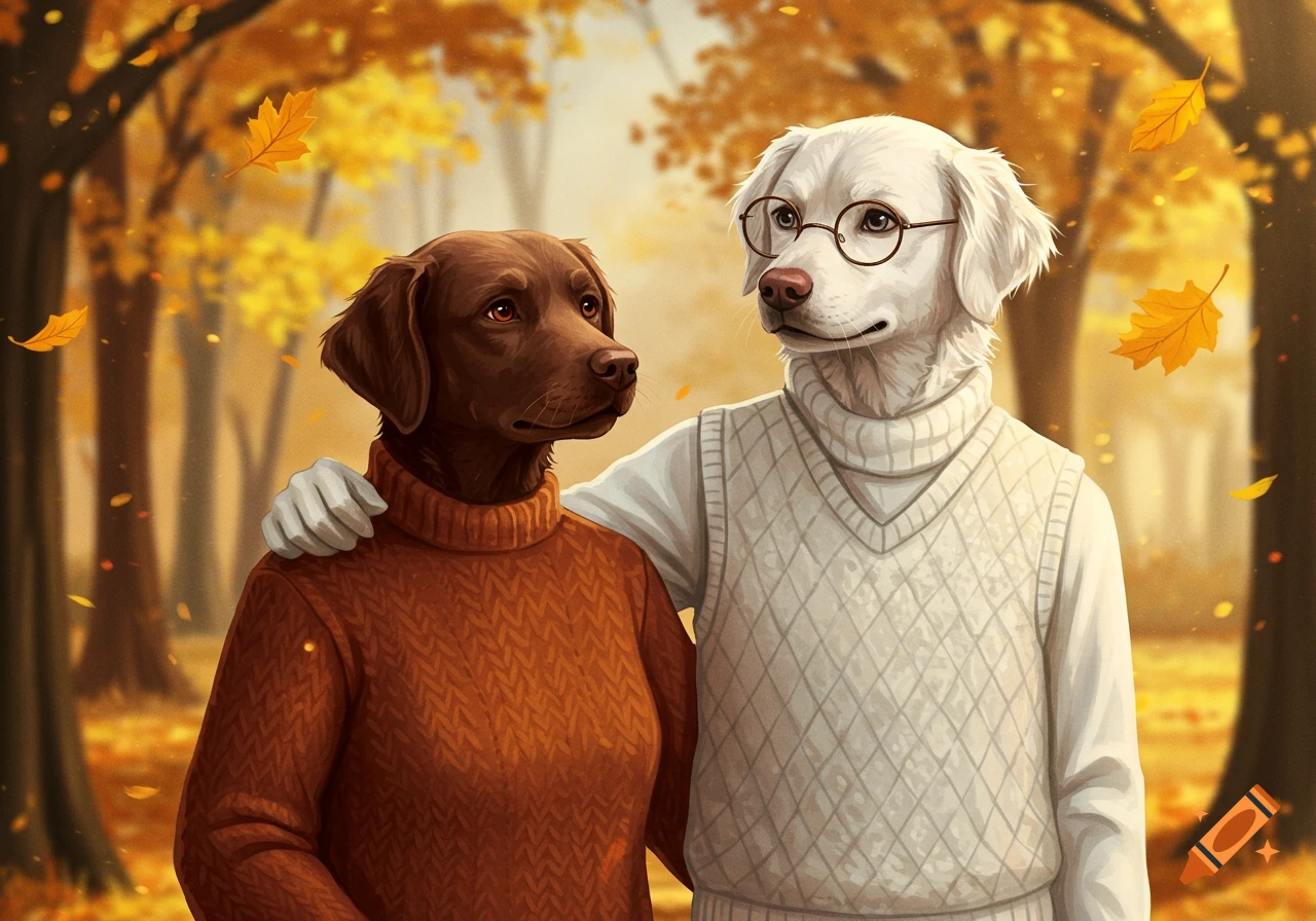 Brown dog and white dog with glasses wearing sweaters stand in an autumn forest with falling leaves, illustration.