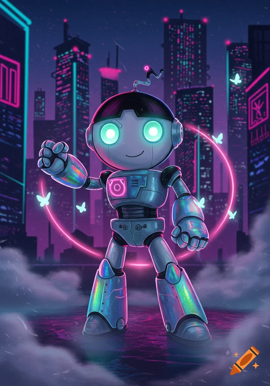 A cute, metallic robot with glowing cyan eyes and rainbow-colored limbs stands in a neon-lit cyberpunk city at night, with glowing butterflies.