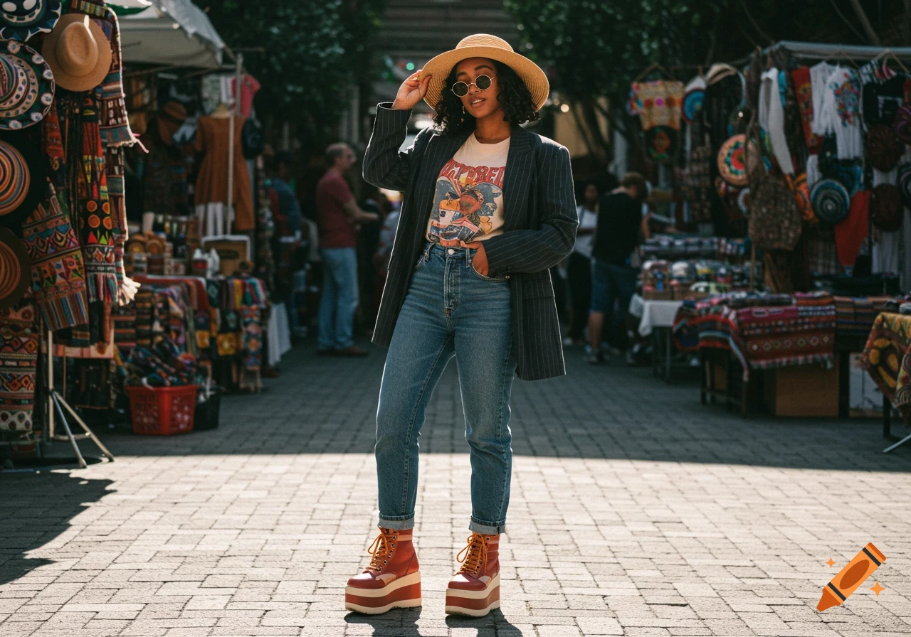 A stylish person in a hat, sunglasses, blazer, jeans, and platform boots stands in a sunny market aisle.