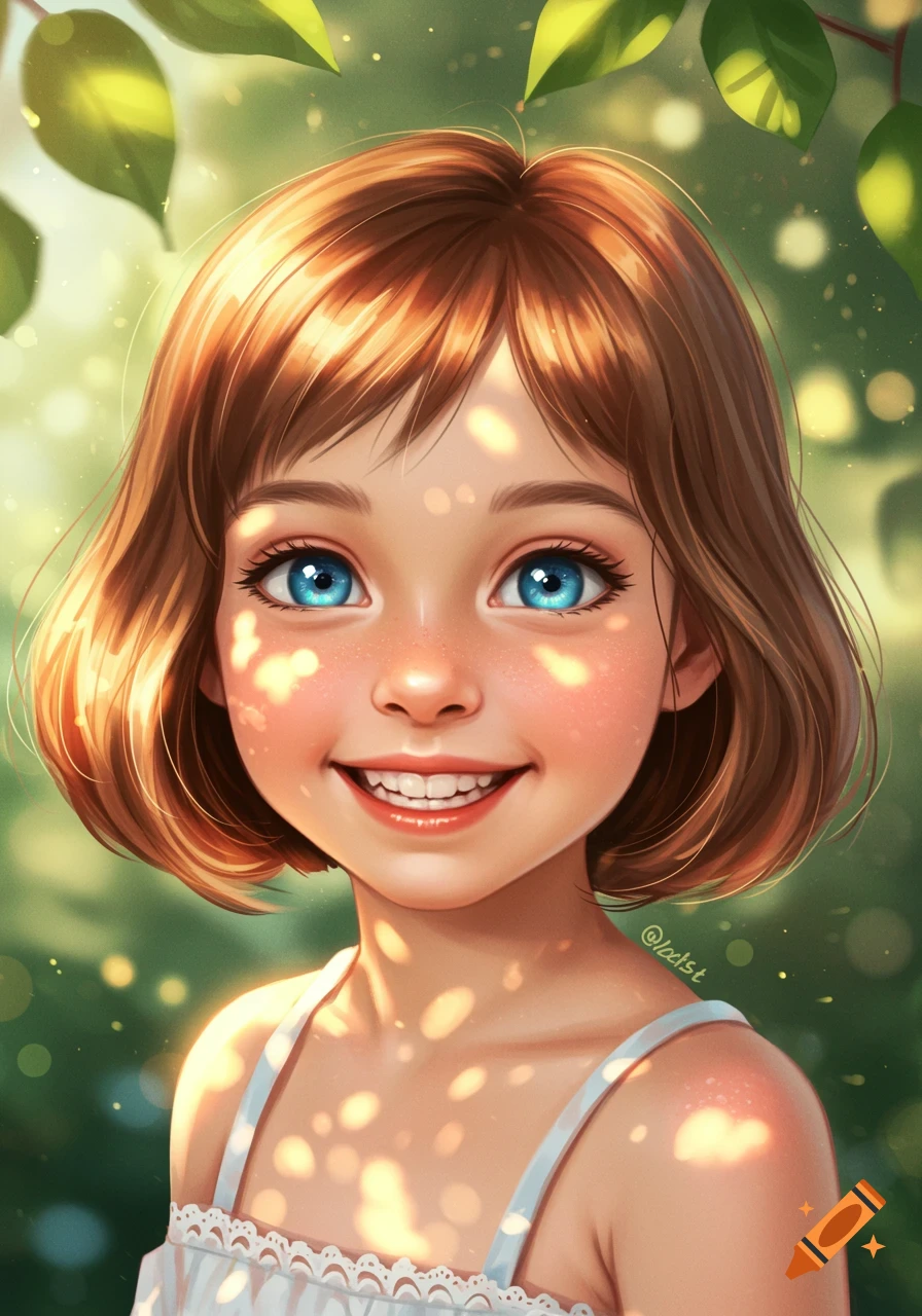 Illustration of a smiling young girl with blue eyes and a bob haircut, sun dappled light.