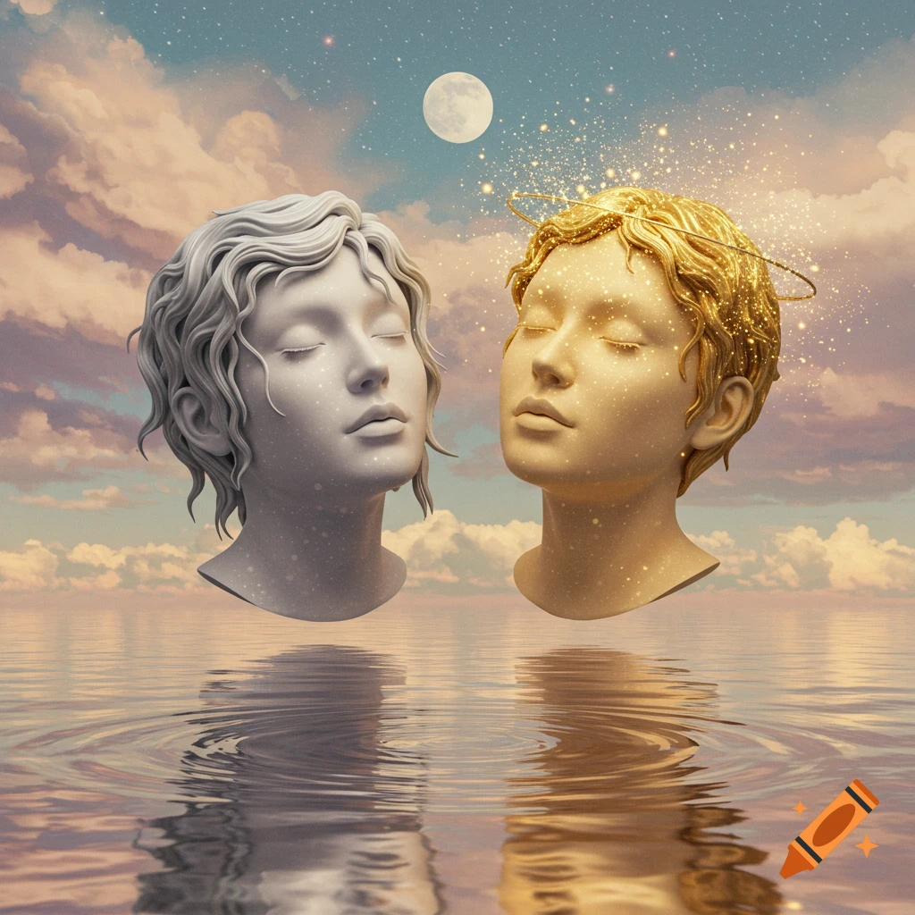 Two surreal classical-style heads, one white and one golden with sparkles, float above rippling water under a starry, moonlit sky.