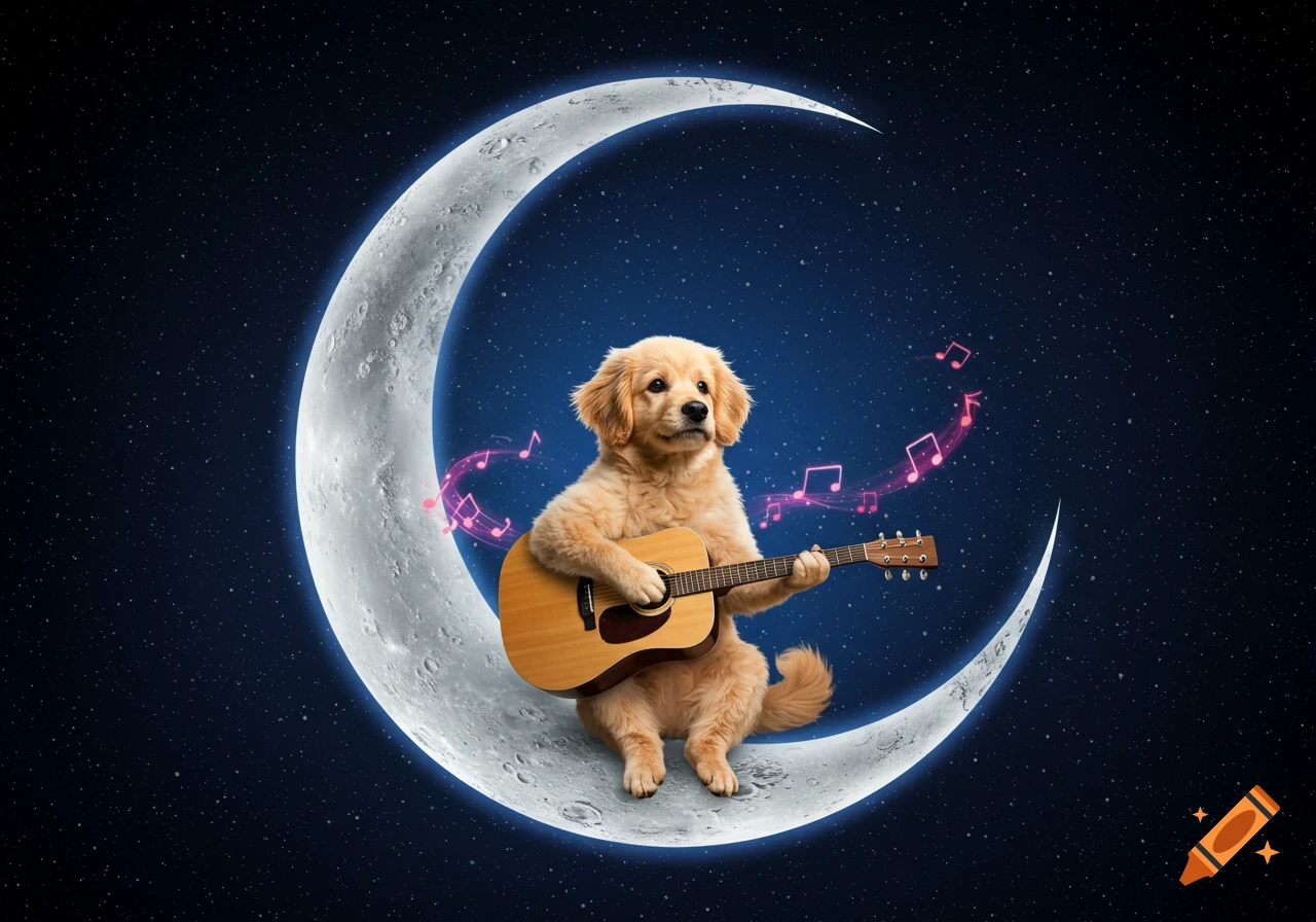 A fluffy golden retriever puppy sits on a crescent moon, playing an acoustic guitar amidst a starry night sky with pink musical notes.