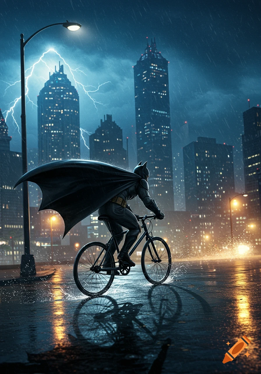 Batman rides a bicycle through a dark, rainy city street at night, with lightning striking tall skyscrapers in the background.