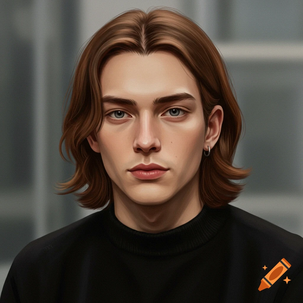A stylized portrait of a young man with long brown hair parted in the middle, blue eyes, and an earring, wearing a black turtleneck.