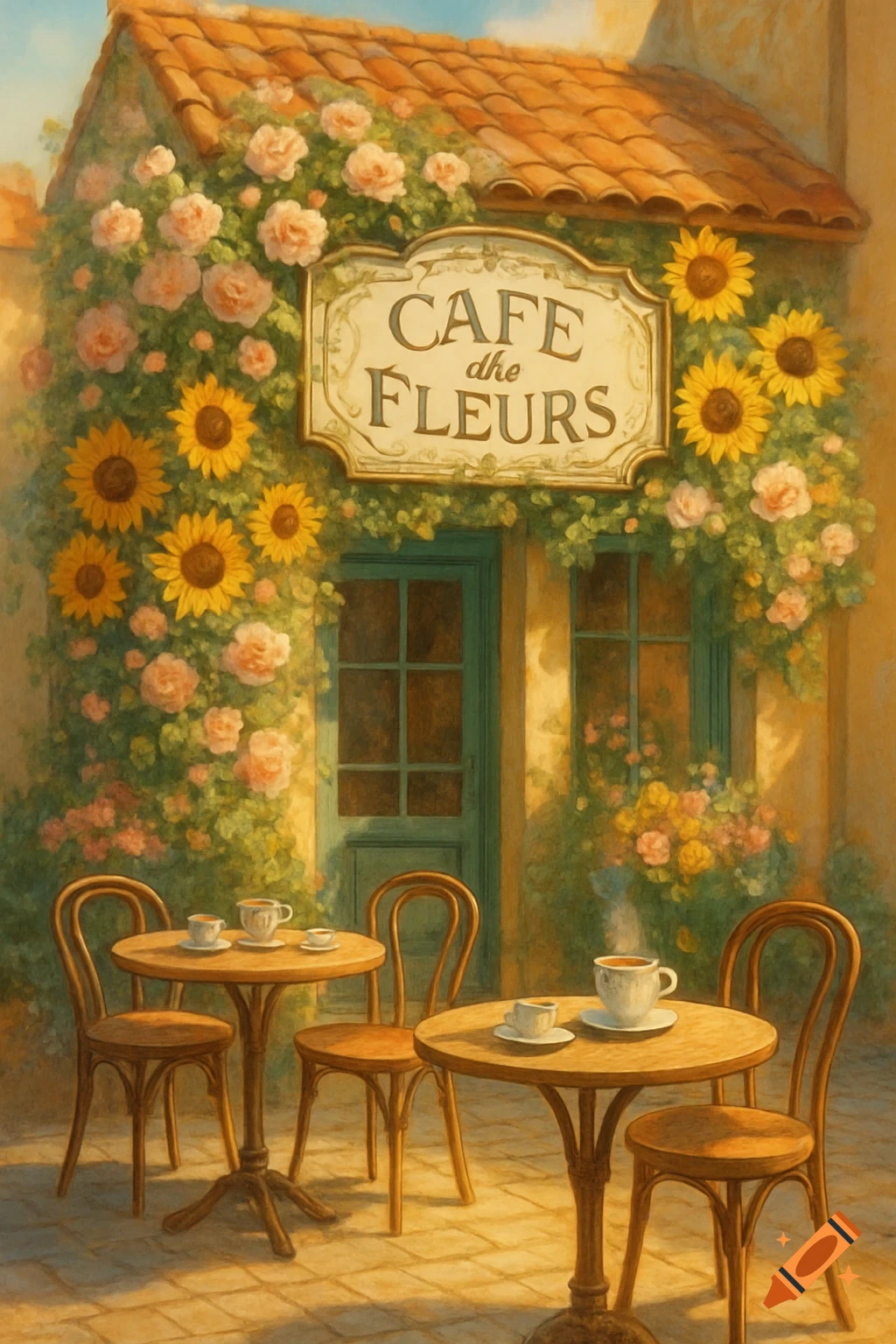 A painterly cafe exterior with outdoor tables, chairs, and a sign 'CAFE dhe FLEURS' surrounded by sunflowers and roses.