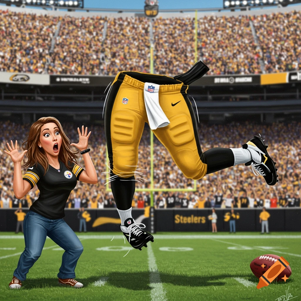A cartoon woman looks shocked as disembodied Pittsburgh Steelers football pants kick a football on a stadium field.