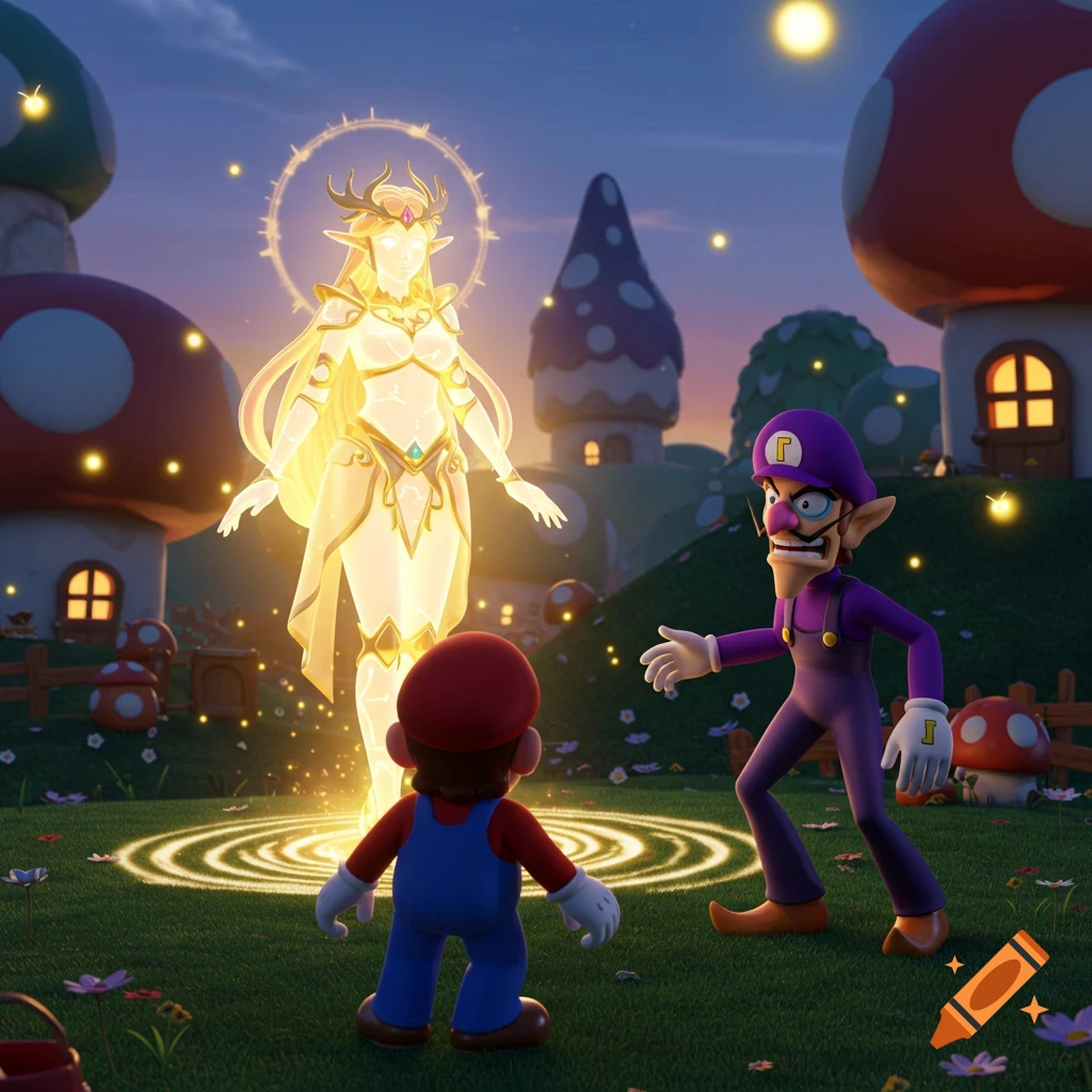 Mario and Waluigi confront a glowing, ethereal female warrior (Mythra) in a whimsical mushroom forest at dusk, 3D render.
