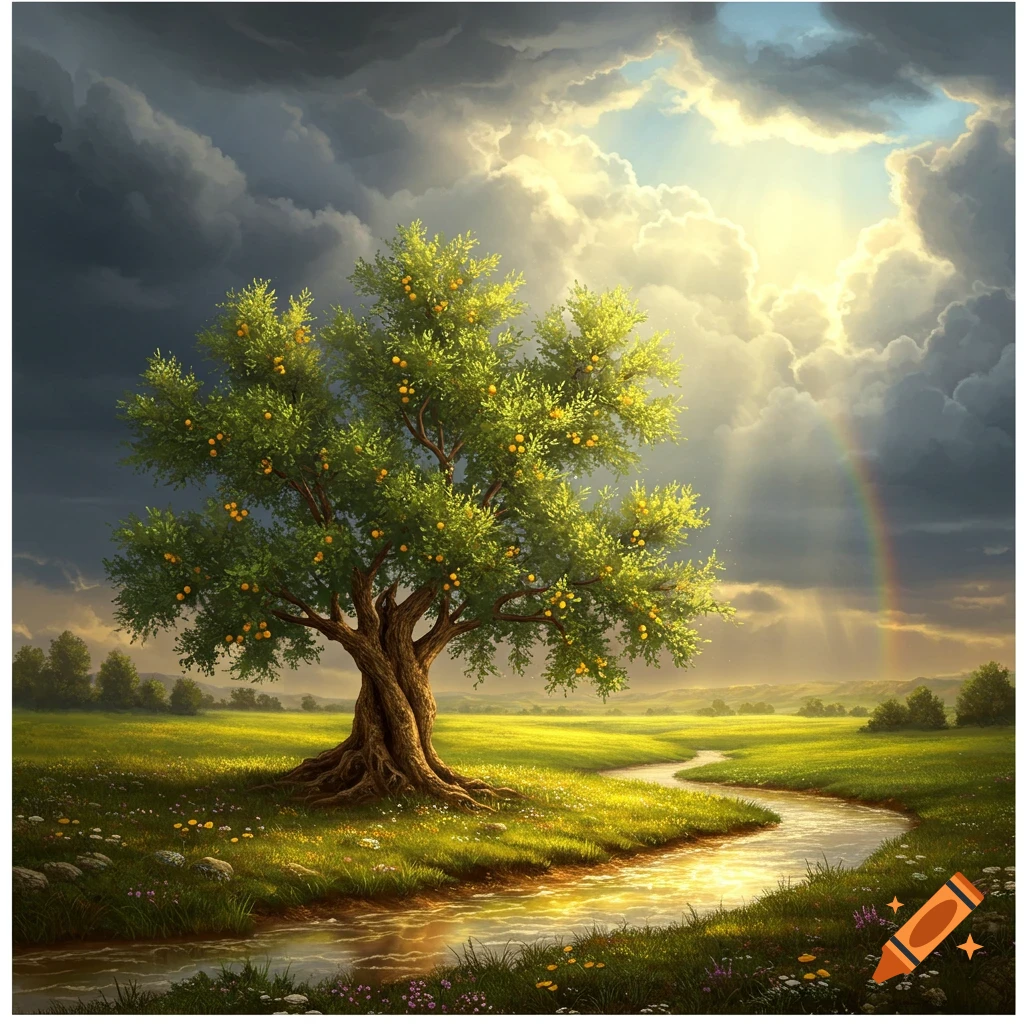 Vibrant landscape painting of a gnarled tree by a winding river under a dramatic sky with sun rays and a rainbow.